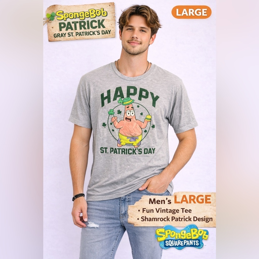 SpongeBob Patrick Gray St. Patrick's Day Graphic T-Shirt LARGE